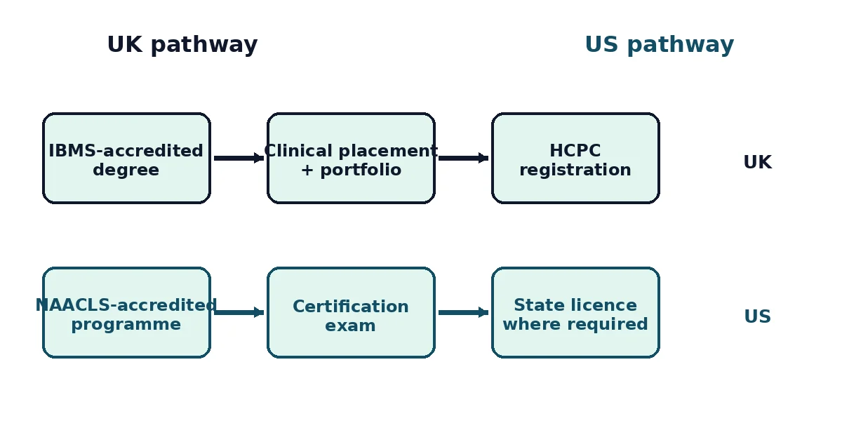 UK vs US Biomedical Science Degree Pathways diagram — parallel routes to registration